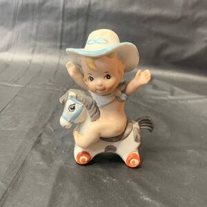 Cowboy Riding Toy Horse Figurine Kewpie Doll Gray Blue Porcelain Vintage Collect